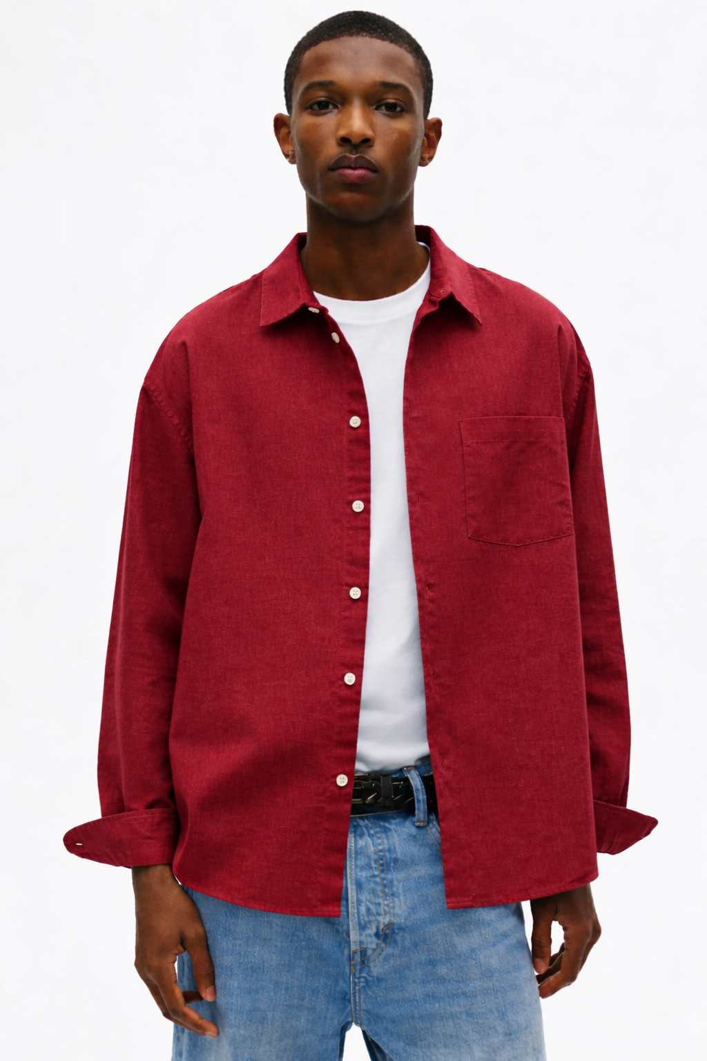 H&M RELAXED FIT LINEN-BLEND SHIRT (Maroon Red)