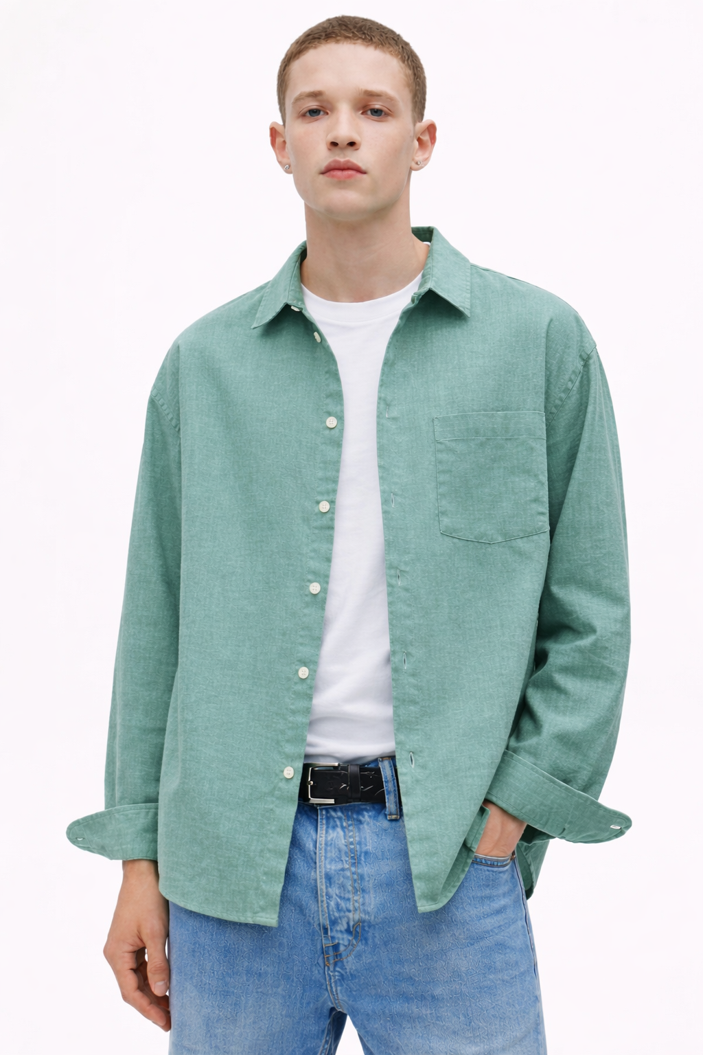 H&M RELAXED FIT LINEN-BLEND SHIRT (Beige Green)