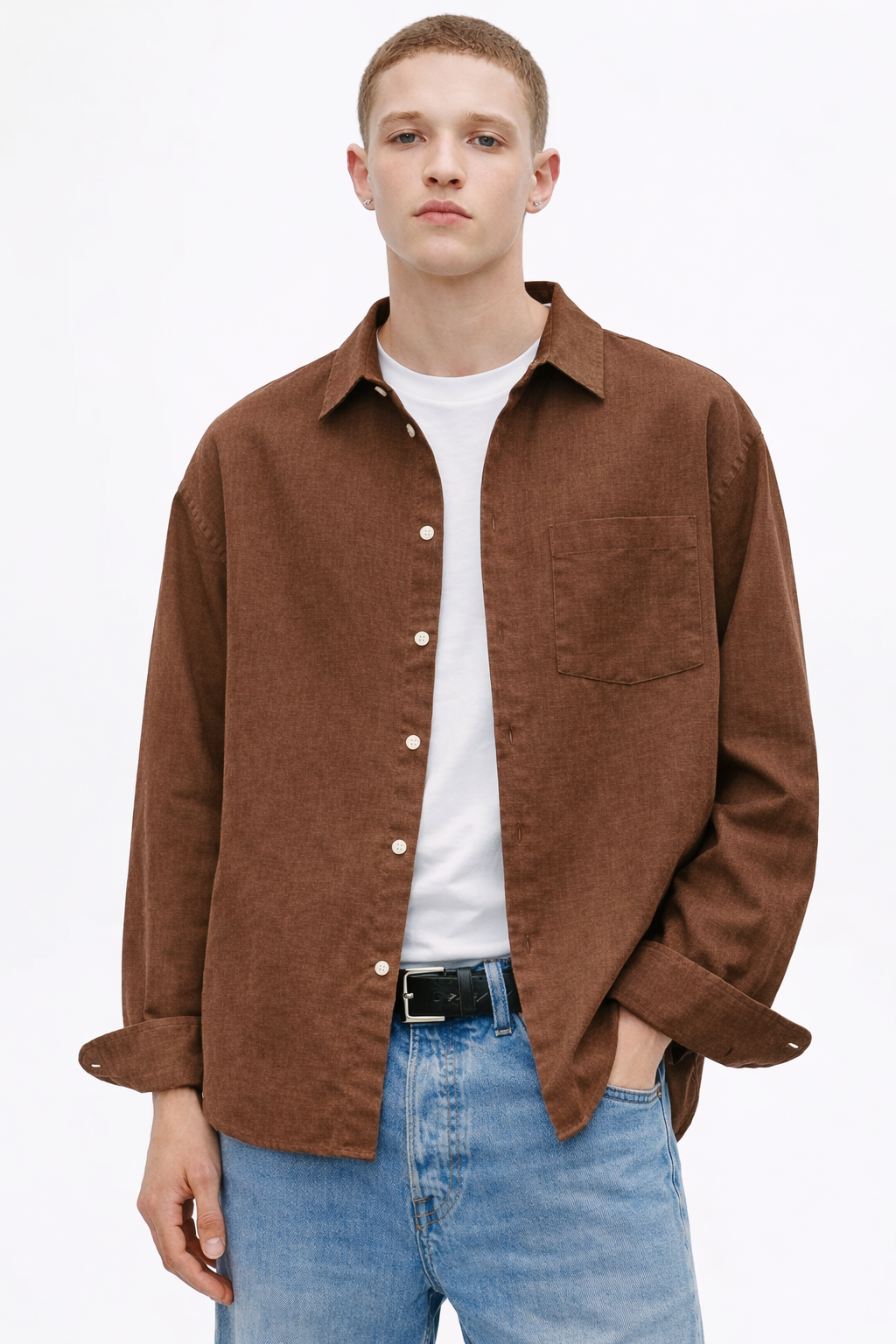 H&M RELAXED FIT LINEN-BLEND SHIRT (Brown)