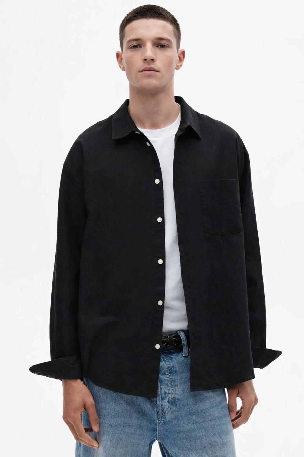 H&M RELAXED FIT LINEN-BLEND SHIRT (Black)