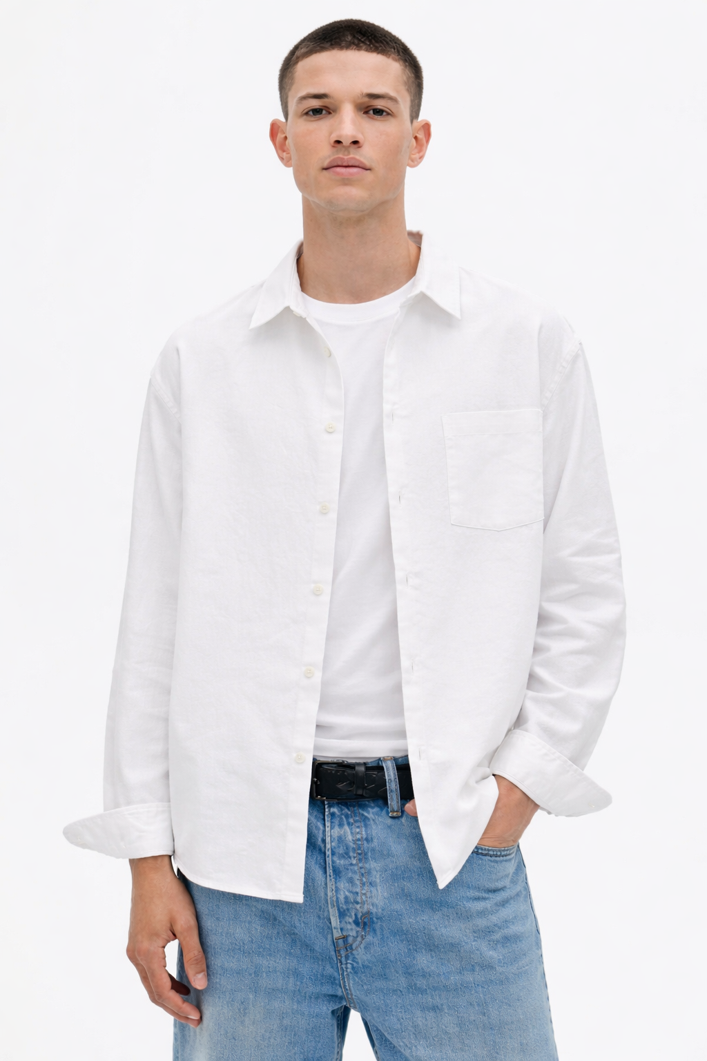 H&M RELAXED FIT LINEN-BLEND SHIRT (White)
