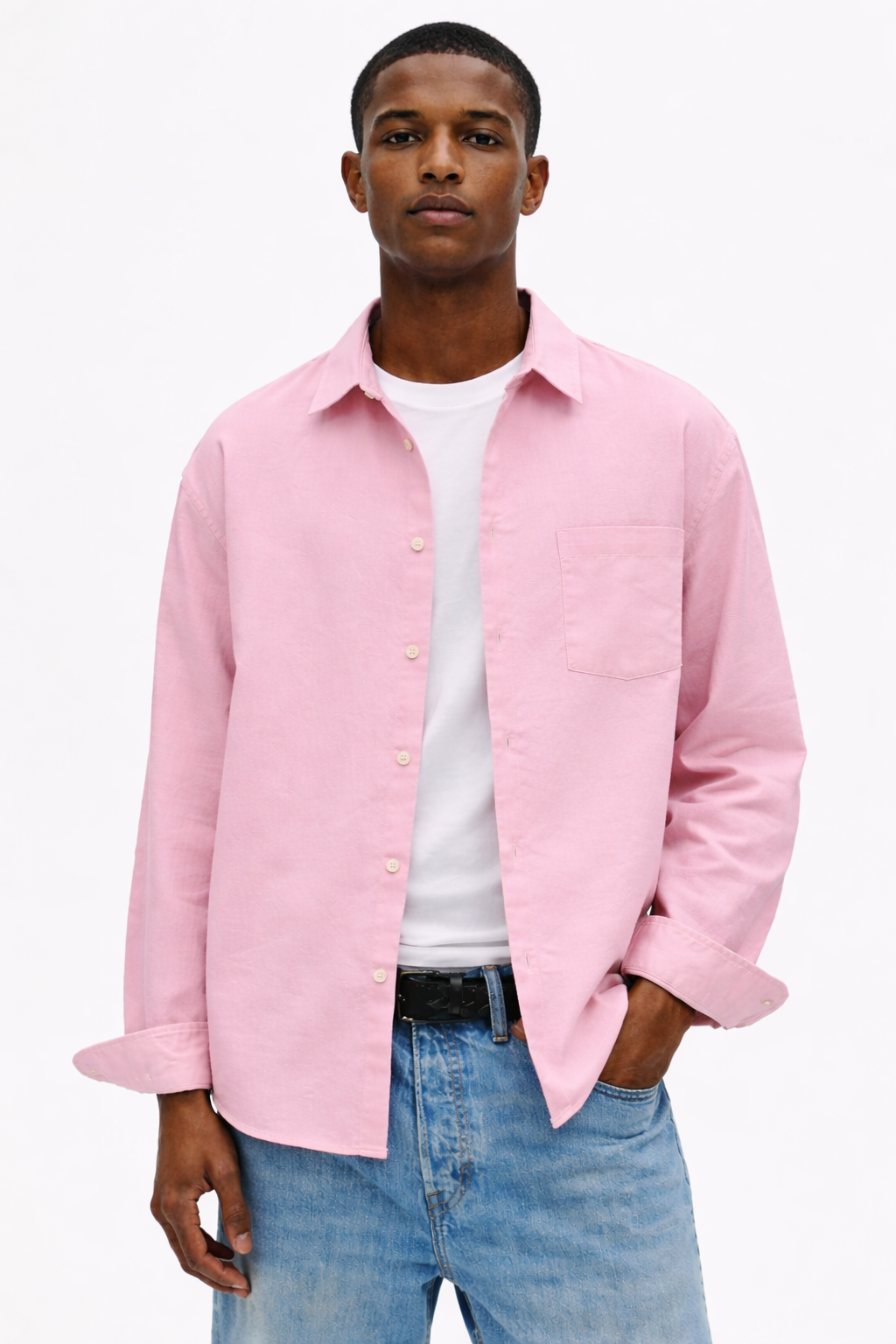 H&M RELAXED FIT LINEN-BLEND SHIRT (Pink)