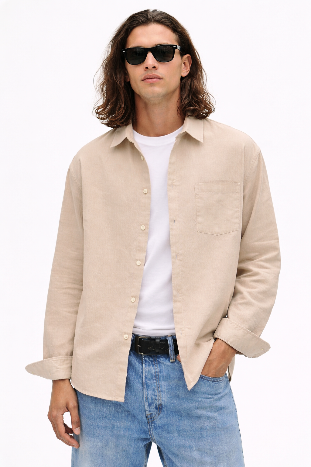 H&M RELAXED FIT LINEN-BLEND SHIRT (Beige)