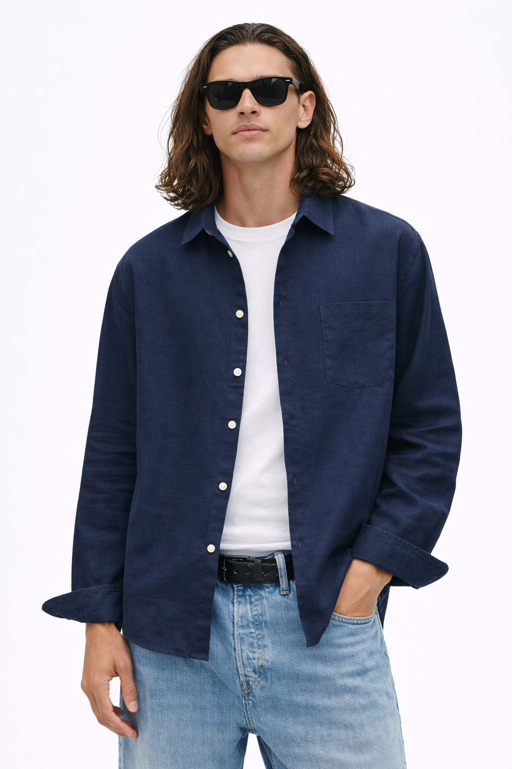 H&M RELAXED FIT LINEN-BLEND SHIRT (Blue)